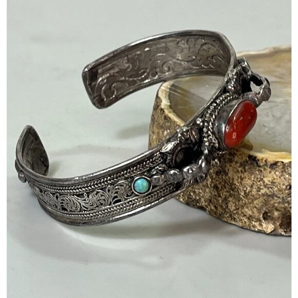 VTG Sterling Silver Turquoise Red Coral Cuff Bracelet- Ornate Design Adjustable - Picture 5 of 15
